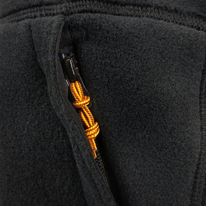 Closeup view of bootlace zipper pull on pocket zipper.