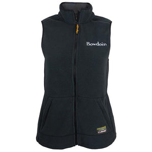 Women's black fleece vest with white BOWDOIN wordmark embroidered on left chest and a full-color L.L.Bean logo patch on the left front pocket.
