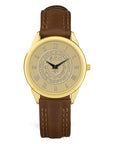 Gold wrist watch with brown leather strap. Face is engraved wth Bowdoin sun seal.