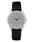Silver wrist watch with black leather strap. Face is engraved wth Bowdoin sun seal.