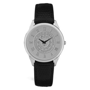 Silver wrist watch with black leather strap. Face is engraved wth Bowdoin sun seal.