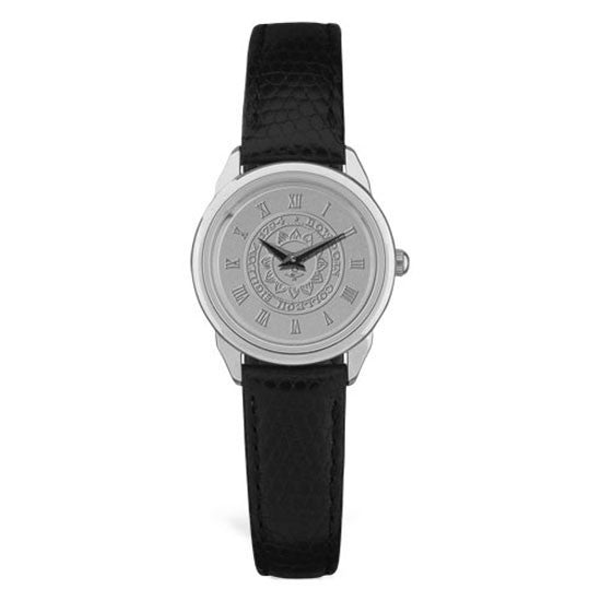 Silver wrist watch with black leather strap. Face is engraved wth Bowdoin sun seal.