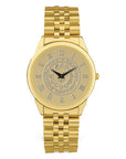 Gold tone rolled link wristwatch. Face is engraved with Bowdoin sun seal and Roman numerals.