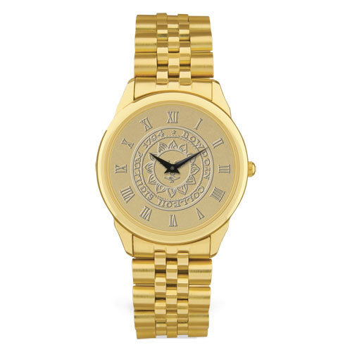 Gold tone rolled link wristwatch. Face is engraved with Bowdoin sun seal and Roman numerals.