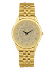 Gold tone rolled link wristwatch. Face is engraved with Bowdoin sun seal and Roman numerals.