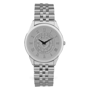 Silver tone rolled link wristwatch. Face is engraved with Bowdoin sun seal and Roman numerals.