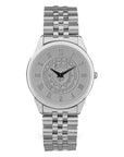 Silver tone rolled link wristwatch. Face is engraved with Bowdoin sun seal and Roman numerals.