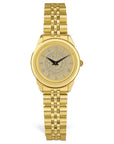 Gold tone rolled link wristwatch. Face is engraved with Bowdoin sun seal and Roman numerals.