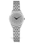 Silver tone rolled link wristwatch. Face is engraved with Bowdoin sun seal and Roman numerals.
