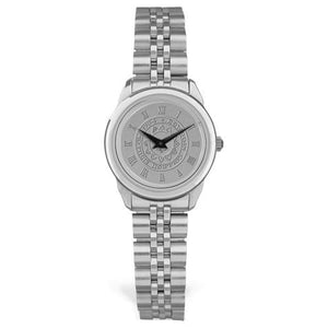 Silver tone rolled link wristwatch. Face is engraved with Bowdoin sun seal and Roman numerals.