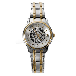 Silver tone rolled link watch with gold accents. Bowdoin sun seal on face, which has hour markers in gold, and Arabic numerals at 12, 3, 6, and 9.