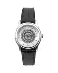Silver tone wristwatch with black strap. Bowdoin sun seal on face, which has silver hour markers with arabic numerals at 12, 3, 6, and 9.