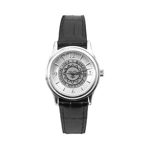 Silver tone wristwatch with black strap. Bowdoin sun seal on face, which has silver hour markers with arabic numerals at 12, 3, 6, and 9.